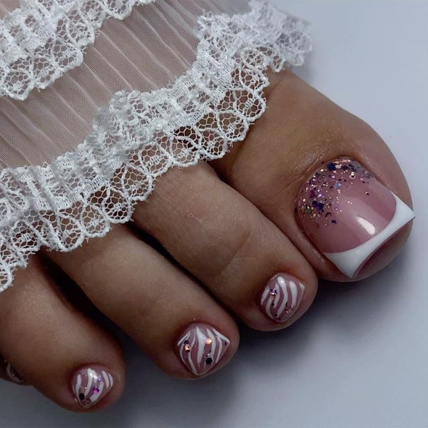 24 Pcs White French Press On Toenails YEFIUO Acrylic Fake