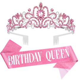 Birthday Tiara for Women, Tiara for Women Pink Rhinestone, Happy Birthday Queen Tiara for Women, Crown for Girls Tiaras Birthday Queen Crowns with Birthday Girl Sash
