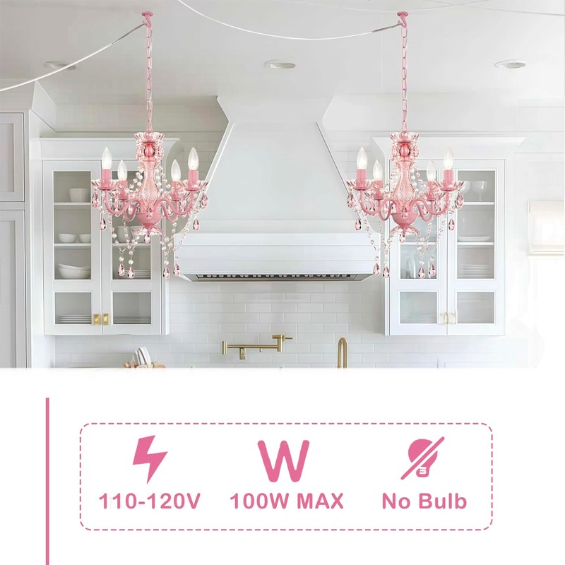 Plug in Chandeliers, 4-Light Pink Small Acrylic Crystal Hanging Ceiling