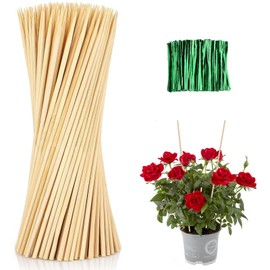 Bamboo Plant Stakes, 100 Pack 16" Sturdy Flower Sticks with Garden Ties, Garden Wood Plant Support Stakes for Orchid Holder, Floral Picks, Potted Plants, Wooden Sign Posting