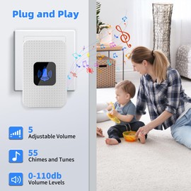 Wireless Doorbell, IP55 Waterproof Plug-in Cordless Door Chime Kit - 300M, 55 Ringtones, 5 Levels of Volume, LED Indicator, White