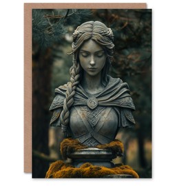 Artery8 Greeting Card Norse Shield Maiden Warrior Bust Statue in Forest Blank For Him Or Her Art Birthday Card