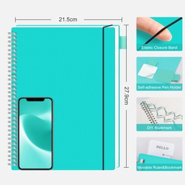 RETTACY Squared Paper Notebook A4 Journal,Large Notepad with Grid Graph Paper 110 Pages Spiral Notebook，PVC Pocket, Pen Loop, Ruler, Bookmark for Women Men Work Office School, 21.5 x 27.9cm- Turquoise