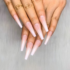 Morily 24pcs Fake Nails Nude White Ombre Ballerina Long Coffin Glossy Press on Nail False Tips Artificial Finger Manicure for Women