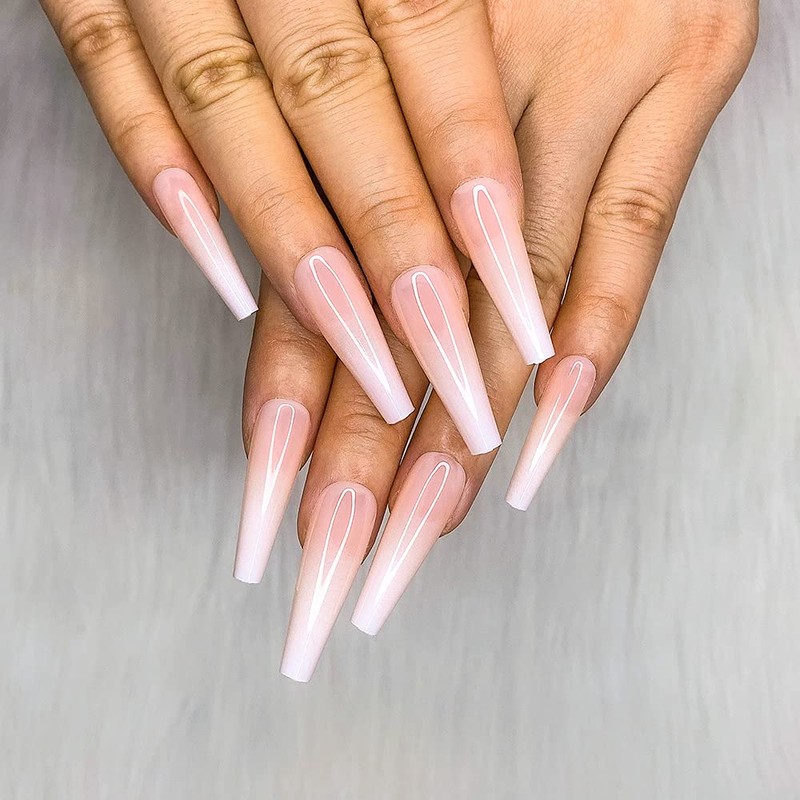 Morily 24pcs Fake Nails Nude White Ombre Ballerina Long Coffin