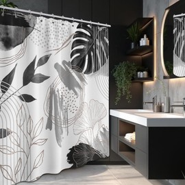 soeeao Grey and White Boho Shower Curtain Mid Century Modern Black and Gray Leaf Shower Curtains for Mens Bathroom Decor Set, Waterproof Cloth Fabric with Hooks, 70" W x 84" L
