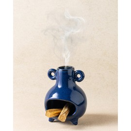 KOKUNKA Handcrafted Palo Santo Holder, Incense Candle and Matchstick Mini Chiminea for Meditation Space, Wood Sticks and Bulk Incense, Blue