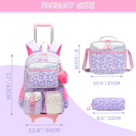 Oruiji Rolling Backpack for Girls with Wheels Backpack for School Girls 6-8 Love Shape 3PCS Lightweight Comfortable Backpack