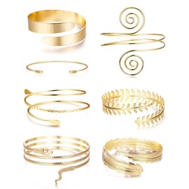 Sanfenly 7 Pcs Arm Cuff Upper Arm Band Cuff Bracelet Minimalist Simple Coil Bangle for Women Open Armlets Armband Silver Gold Adjustable Armband Set