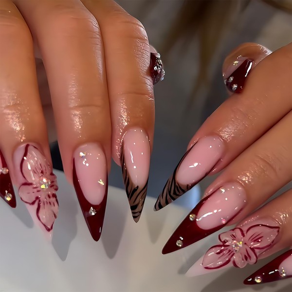 Long Almond Press On Nails 3D Design Leopard Print Press