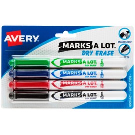 Avery Marks A Lot Dry Erase Markers, Low Odor White Board Markers with Bullet Tip, 4 Assorted Colors (24459)