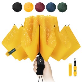 Chakipee Travel Windproof Strong Compact Umbrella - 10 Ribs Yellow Portable Umbrella for Men and Women - Inverted Folding Automatic Umbrellas for Wind and Rain, 210T Fabric 105cm Span
