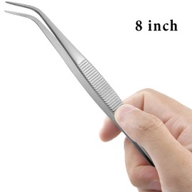 Suiwotin 2PCS 8 Inch Stainless Steel Tweezers with Curved Serrated Tip Heavy Duty Tweezer Tongs for Cooking Crafting Repairing