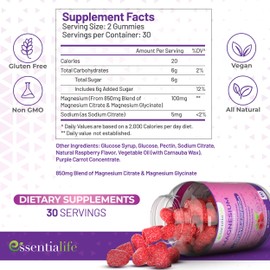 Essentialife Magnesium Gummies Pure Magnesium 100mg per Serving for Sleep and Clam - 850mg Blend of Magnesium Glycinate Citrate - Wake Up Energized with Magnesium Supports Digestion - 60 Count