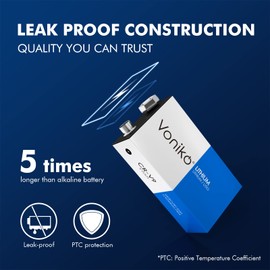 Voniko 9V Lithium Battery 2-Pack, 10-Year Shelf Life, Long-Lasting Power for Smoke Detectors, Carbon Monoxide Alarms & Medical Devices