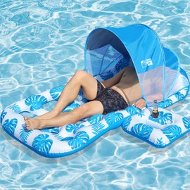 COOLCOOLDEE Inflatable Pool Float with UPF 50+ Sunshade Canopy,Extra Large Pool Lounger Float for Adult with Headrest,Cup Holder
