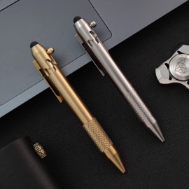 Cool Hand 4.9'' Brass Bolt Action Pen with Retractable Stylus Tip for Any Touch Screen, Ballpoint Ink Refillable, Compact Size, Skelton Out Deep Pocket Clip (Brass)