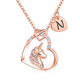 TINGN Unicorn Gifts for Girls Valentine's Day, 14K Rose Gold Plated Unicorn Letter Chain CZ Heart Pendant Chains for Girls Unicorn Birthday Gift Unicorn Gifts for Girls Jewellery, Gold, Zircon