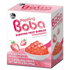 J WAY Bursting Popping Strawberry Boba Pearls, Strawberry Syrup, Non-Dairy, Fat-Free Popping Tapioca Boba for Beverages, Sweets, Ice Cream, 1.8oz (Pack of 6)