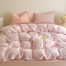 Nayoroom Bed Linen 135 x 200 cm Checked Pink White Bed Linen Set Washed Microfibre Modern White Pink Check Single Bed Duvet Cover and Pillowcase 80 x 80 cm with Zip