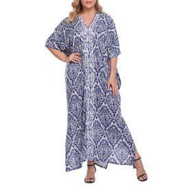 HDE Women UPF 50 Kaftan Dress Oversize V Neck Long Plus Size Maxi Swim Cover Up