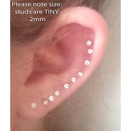 Set 10 PAIRS Genuine Sterling Silver Cubic Zirconia stud Earrings Clear - Colours as shown in photos - SIZE: TINY 2mm - TEENY WEENY STUDS. Gift Boxed