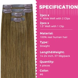 Lashey Seamless Clip in Hair Extensions Human Hair, 4pcs 48g Medium Brown 20 Inch, Straihgt Hair Extensions Real Human Hair with PU Soft Invisi Edge
