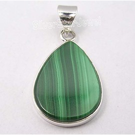 SilverStarJewel 925 Stamp Mother's Day Pure Sterling Silver Natural 15 x 20 mm Malachite Flat Pendant 3 cm, Metal Gemstone, Malachite