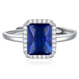 ChicSilver 8mm Emerald Cut Birthstone Promise Ring for Her, 925 Sterling Silver Simulated Blue Sapphire Gemstone Anniversary Wedding Engagement Band Rings for Women September Birthstone Jewelry