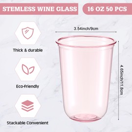 Ziliny 50 Pcs 16oz Disposable Stemless Glasses Crystal Plastic Wine Glasses Clear Classic Pet Cup for Meeting Weddings Birthdays Cocktail Christmas Party Supplies, Pink