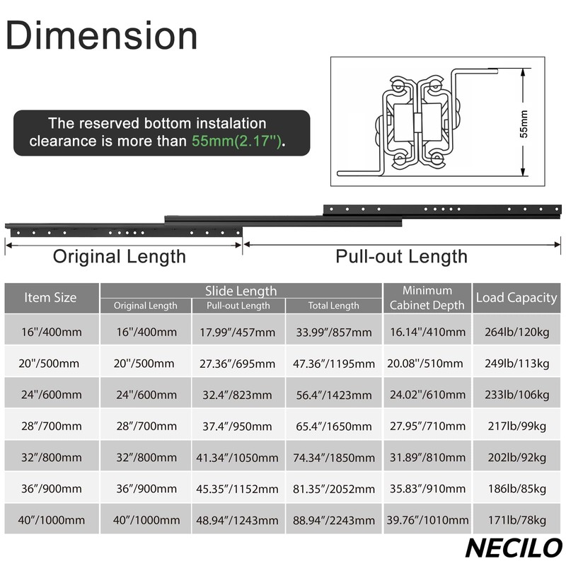 NECILO 16 Inch Undermount Heavy Duty Drawer Slides, 260 lbs