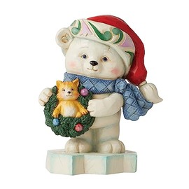 Enesco Jim Shore Heartwood Creek Polar Bear Holding a Wreath Pint-Sized Figurine, 5.28 Inch, Multicolor