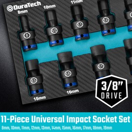 DURATECH 3/8" Drive Impact Universal Joint Socket Set, Swivel Socket Set, 11-Piece, Metric, 8-19mm, Cr-Mo Steel, Organized in EVA Foam Organizer