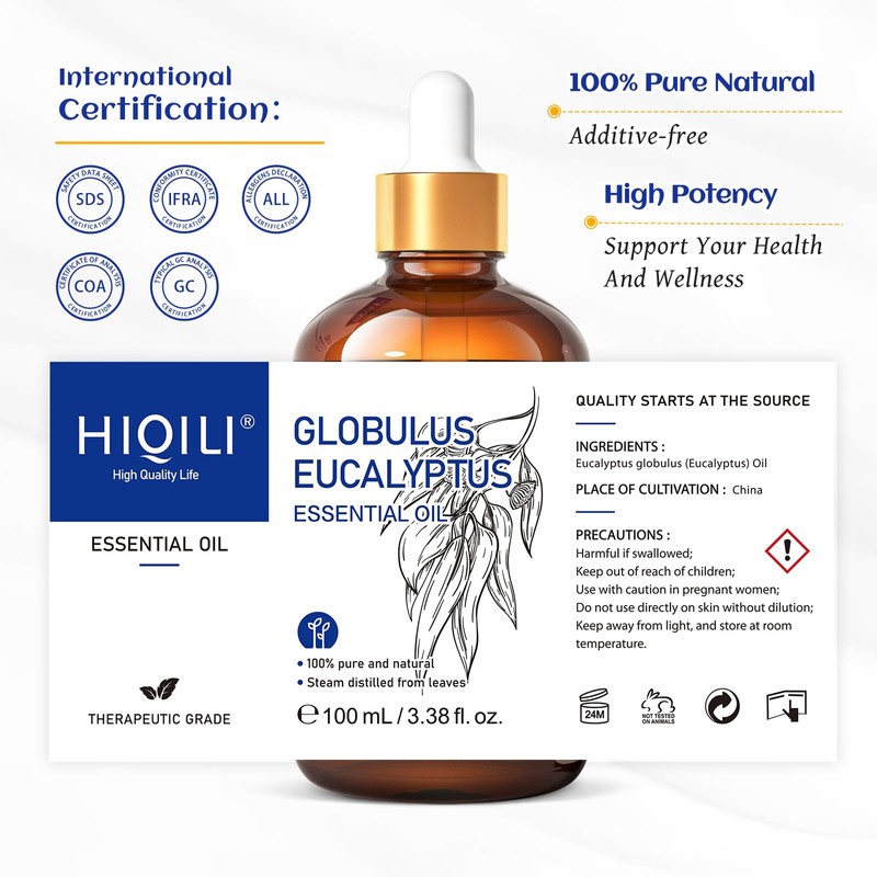 HIQILI 100ML Eucalyptus Essential Oil for Spray, Diffuser & Skin,