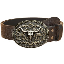 Western Cowboy Cowgirl Belt for Men Women - Embossed PU Leather Longhorn Bull Buckle Country Belt for Jean 34-38 In waist