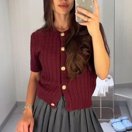 Cable Knit Short Sleeve Cardigans for Women Vintage Button Down Sweaters Casual Going Out Tops(Wine Red,S)