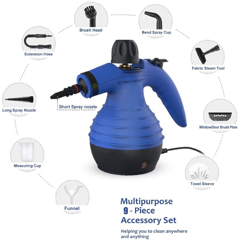 Comforday Handheld Pressurized Steam Cleaner - Multi-Purpose Steamer with 9-Piece