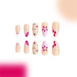 Spring Press on Nails Almond Glue on Nails Medium Fake Nails Flowers Strawberries Acrylic Nails Light Purple Translucent Nails Press ons Sweet False Nails for Women 24 Pcs