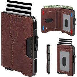 Kunlgro Wallet for Men - Pop Up Case, Cash Slot, and Credit Card Wallet - Slim Minimalist Aluminum Front Pocket Wallet with RFID Blocking/ID Window (Genuine Leather Dark Brown)