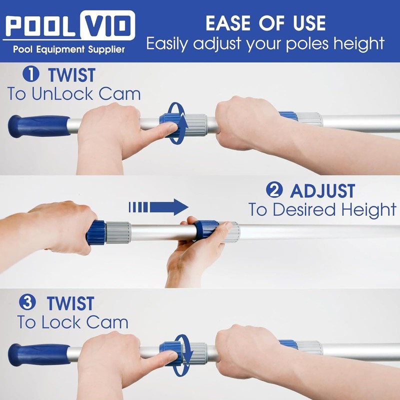Poolvio 15 FT Telescopic Pool Pole - Adjustable 3 Piece