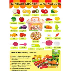 FUNERICA Play Kitchen Cutting Food Toys for Kids - Pretend Cutting Fruits, Vegetables, Cuttable Pizza Pie, Poultry and Fish, Toddler Play Kitchen Accessories with Pots and Utensils