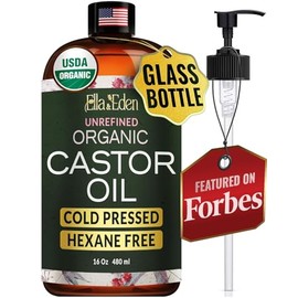 Ella & Eden USDA Organic Castor Oil – Cold Pressed Hexane-Free - Glass Bottle - For Hair Growth, Face, Eyelash, Skin, Stomach - 100% Pure Unrefined 16 Fl Oz