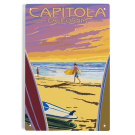 Lantern Press 6x9 Inch Metal Sign, Capitola, California, Surfers at Sunset