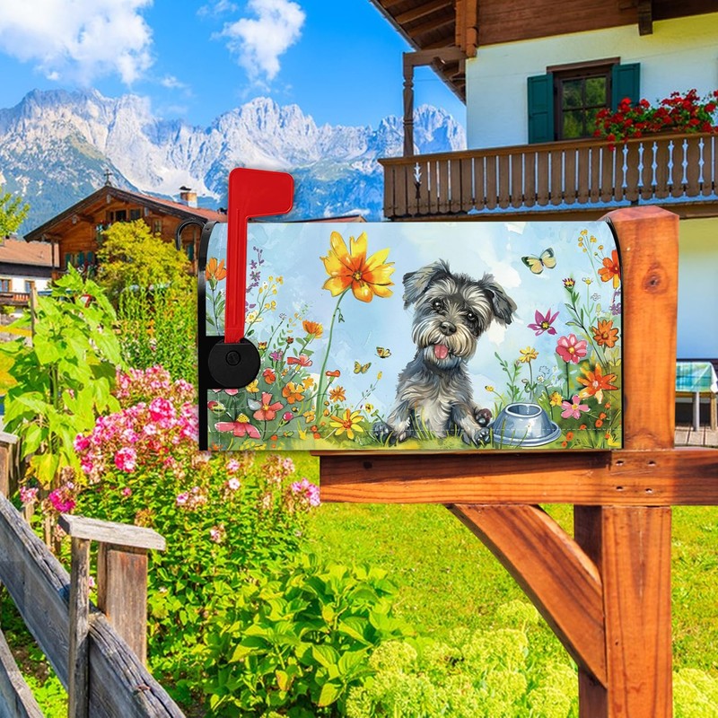 Baocicco Spring Schnauzer Mailbox Covers Cute Dog Flower Butterfly Grassland