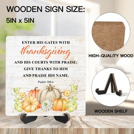 Fall Quote Desk Sign, Enter His Gates With Thanksgiving Wooden Plaque Sign With Stand, Thanksgiving Gifts for Women Men Friends Family, Autumn Pumpkin Sign Desk Decor for Farmhouse Home Office Table