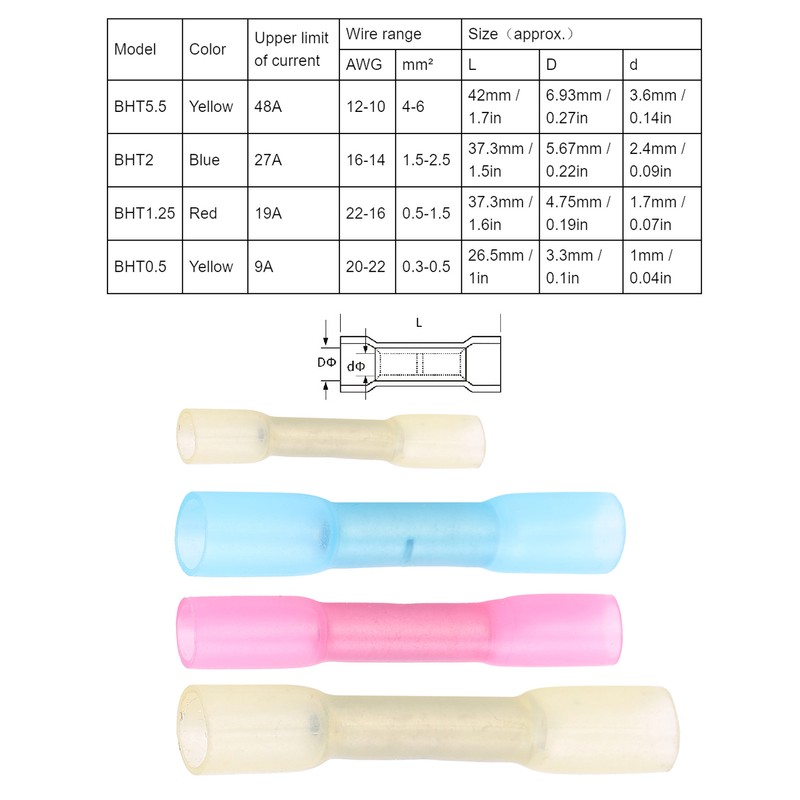 100Pcs Heat Shrink Terminals Butt Connectors Kit Waterproof Electrical Wire