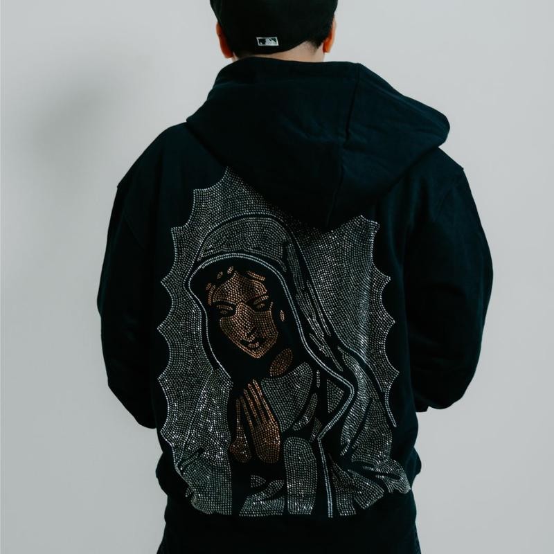 "Virgencita" (Gris) Rhinestone Hoodie - Size: L