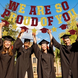 We are So Proud of You Banner-2025 Graduation Decorations Maroon Glitter Graduation Banner Garland and Hanging Swirls for 2025 Congratulation Party Supplies