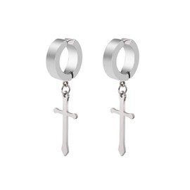 Non-pierced Earrings Set for Men Women Cross Titanium Steel Hoop Dangle Clip On Earring Silver