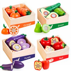 WOODMAM Wooden Play Food for Toddlers, Color Groups & Fruit Cutting Set